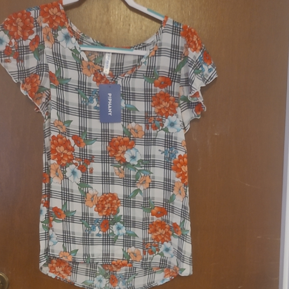 Old Navy Women's Floral Plaid Blouse - Orange and Blue